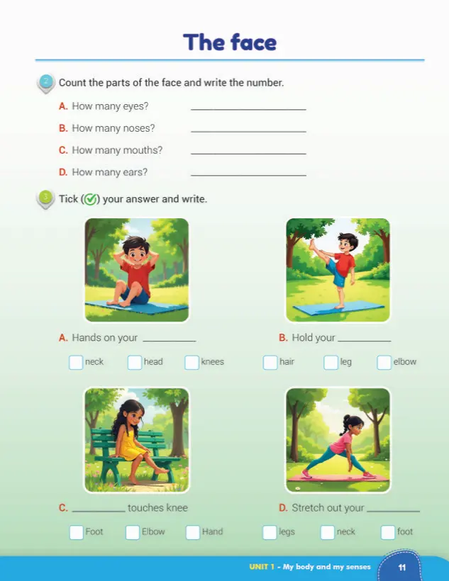 Lesson page: The face, count the parts and tick your answer