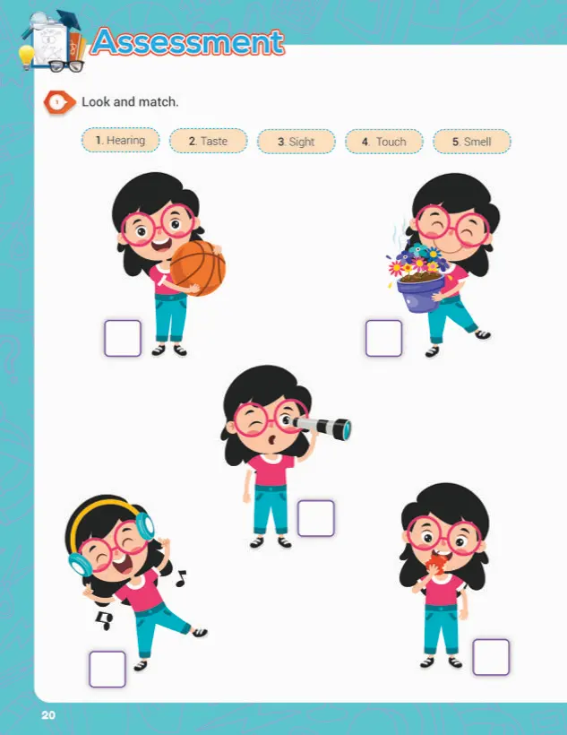 Assessment page: look and match the five senses