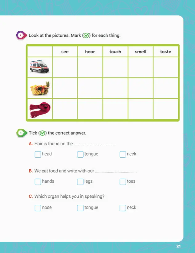 Assessment page: senses table and tick the correct answer