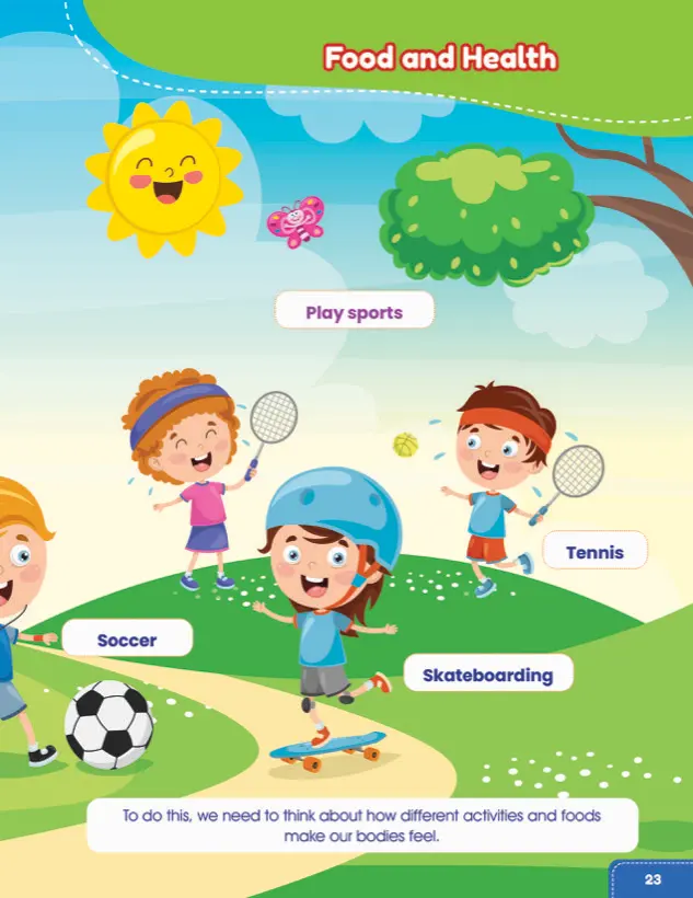 Unit 2 opener: Food and Health, children playing soccer, tennis and skateboarding