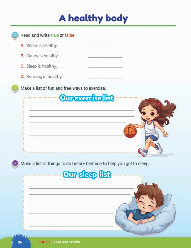 Lesson page: A healthy body, true or false and exercise and sleep lists