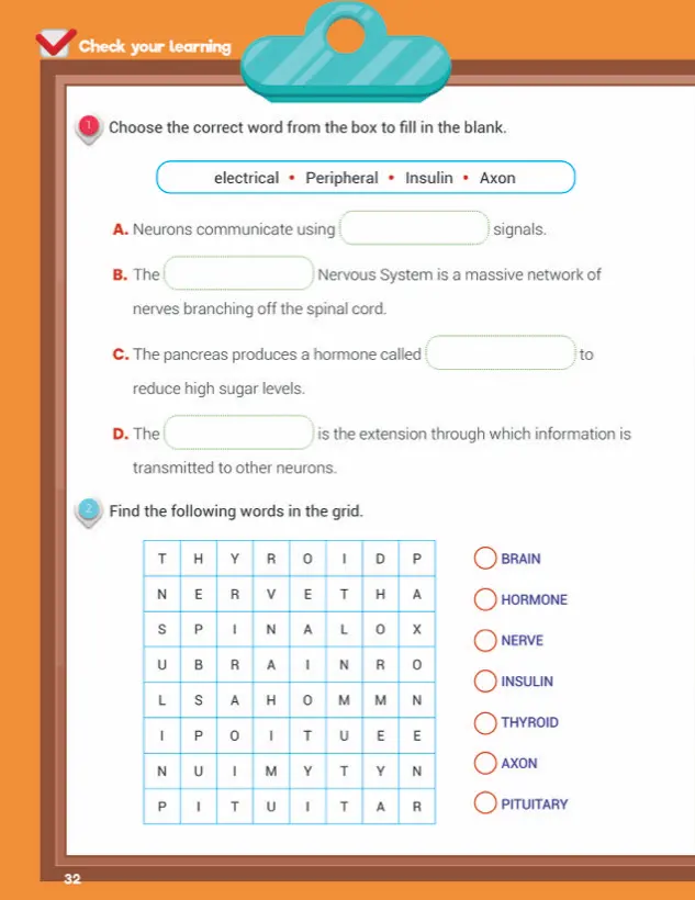 Check your learning page: fill in the blanks and word search about the nervous system